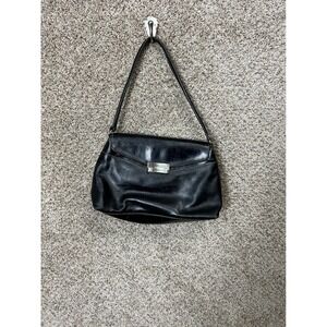 Prune Black Leather Shoulder Bag Flap Baguette Handbag Silver Clasp